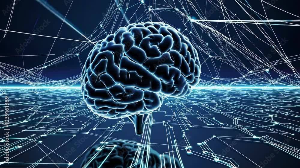 Poster complex network of interconnected lines and nodes surrounding a floating human brain, symbolizing ar
