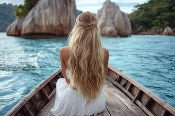 Fototapeta premium Experience a Serene Summer Escape as a Woman glides through tranquil waters in a boat, immersed in the lush beauty of Tropical Nature, fostering a deep sense of peace and tranquility