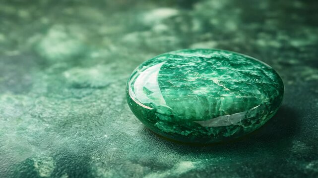 Close up view of a polished green jade gemstone on a dark green surface. The stone is smooth and reflects light, showing its intricate patterns and rich color