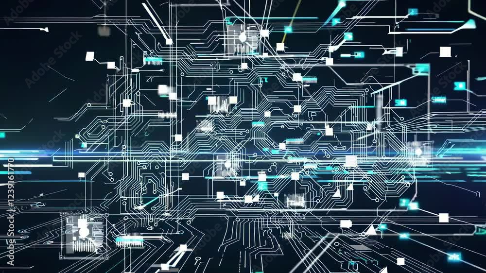 Poster complex network of circuits and data streams flowing across a futuristic printed circuit board, symb