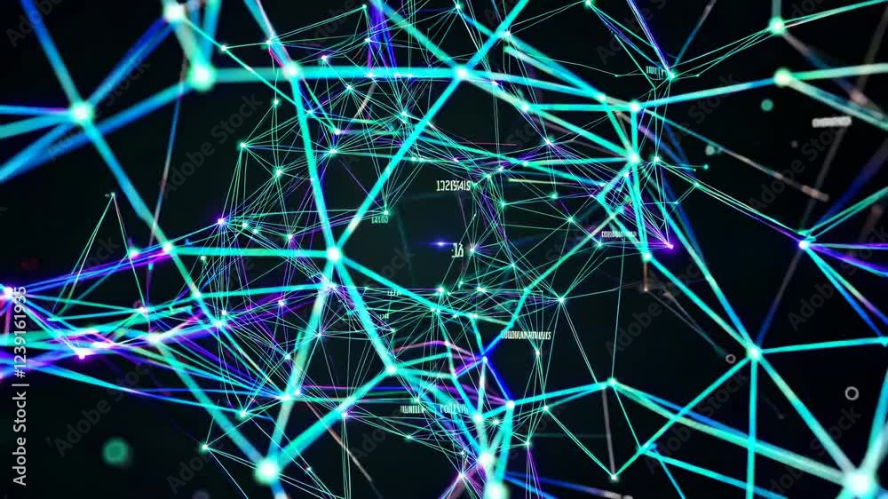 Poster glowing plexus with connecting dots, lines, and random numbers forming a complex network on a dark b