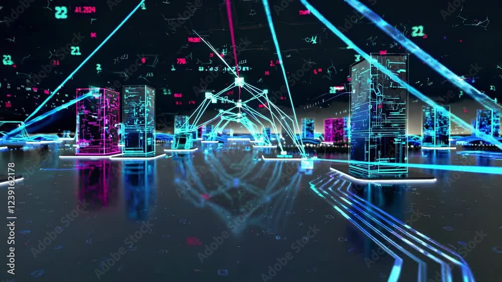 Poster complex network infrastructure transferring data between futuristic servers and data centers, creati
