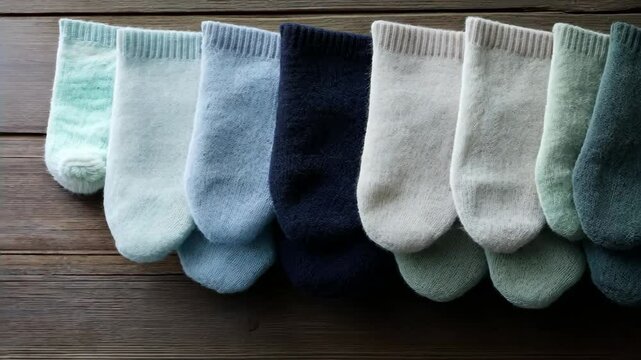 Assorted cozy woolen socks hung in a row on wooden background