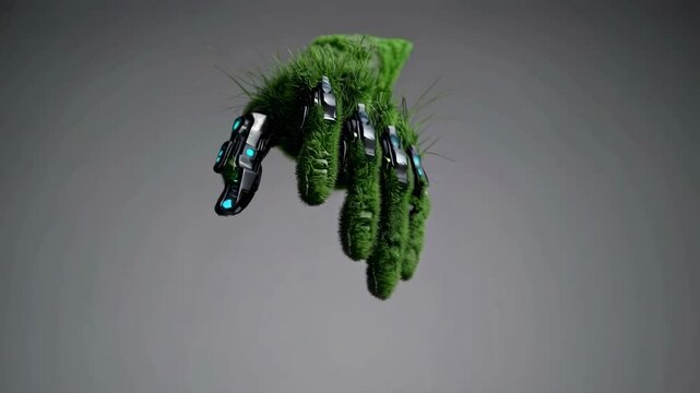Lush green grass growing on a futuristic robotic leg symbolizes the integration of nature and technology, promoting sustainability and innovation