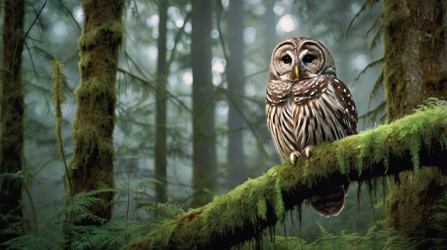 A majestic Barred Owl perched on a moss-covered tree branch in a quiet, misty forest. ai