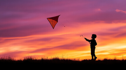 Silhouette of Child Flying Kite at Sunset