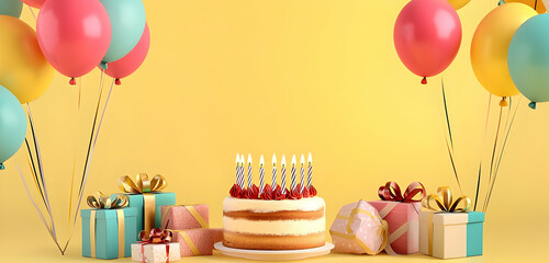 A bright, sunny birthday celebration with balloons and gifts surrounding a birthday cake, set against a cheerful yellow background.