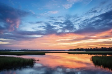 Obraz premium Kiawah Island Sunrise over Calm Water Lake landscape with Tidal River and Copy space in the Sky with Cloud and Green Grass Myriad