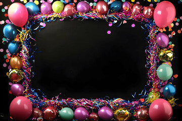 A carnival-style celebration frame with balloons, streamers, and confetti, perfect for a birthday or party invitation.