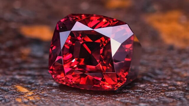 Close up view of a vibrant red spinel gemstone with a cushion cut, resting on a dark brown textured surface. The gem's facets sparkle and reflect light