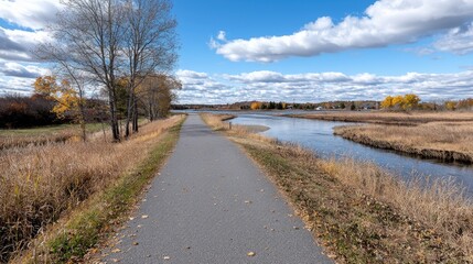 Fototapeta premium Autumnal riverside path, scenic walking trail, fall foliage background, nature photography