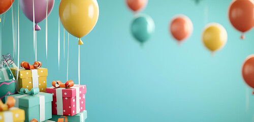 A cheerful birthday backdrop with colorful gift boxes and balloons, set against a calming blue background.