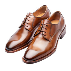 Elegant brown leather mens dress shoes polished formal footwear man lace on transparent background