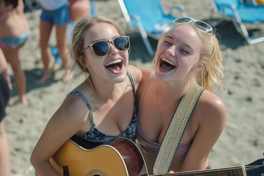 On a beautiful summer day, friends gather at the beach, enjoying music and laughter, creating unforgettable memories under the warm sun, celebrating their friendship in a vibrant coastal setting