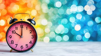 Pink alarm clock showing twelve o'clock, bokeh background
