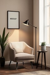Cozy reading nook featuring a beige armchair, floor lamp, small side table, vibrant potted plants, and a mockup poster frame for interior design inspiration.
