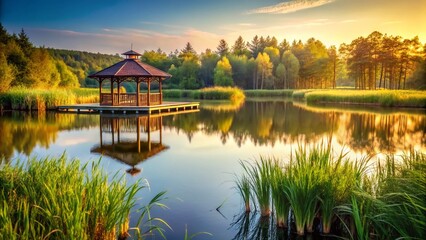 Obraz premium Picturesque Lake View with Lush Reed Beds and Distant Forest from Gazebo