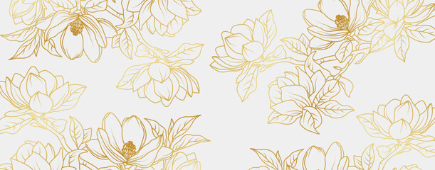 Luxury gold magnolia flowers background. Floral pattern tropical in line art style for greeting, invitation, wedding card, wall art, wallpaper and print. Vector illustration