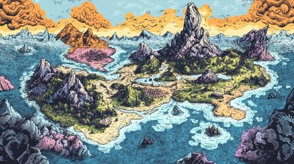 Obraz premium Fantasy Island Map Showing Diverse Terrain and Coastal Features