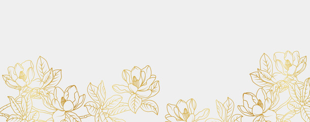Luxury gold magnolia flowers background. Floral pattern tropical in line art style for greeting, invitation, wedding card, wall art, wallpaper and print. Vector illustration