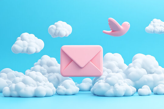 Modern 3D icon of envelope among clouds on blue background, mail cloud - Powered by Adobe