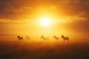 A hazy golden horizon with silhouettes of zebras and gazelles moving in perfect harmony across the African plains, copy space background