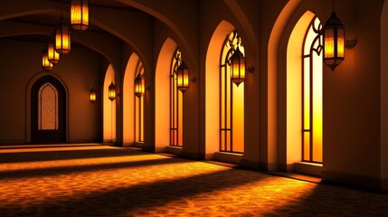 A serene interior of an ornate hall with warm sunlight streaming through arched windows, casting shadows