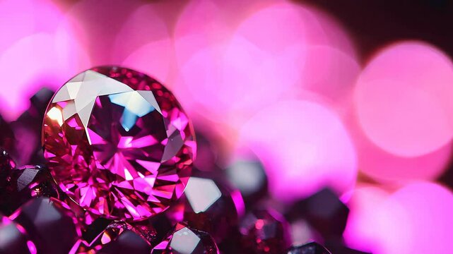 Close up of vibrant red spinel gems, glistening with facets against a bokeh background of pink circles. The stones are richly colored and dramatically lit