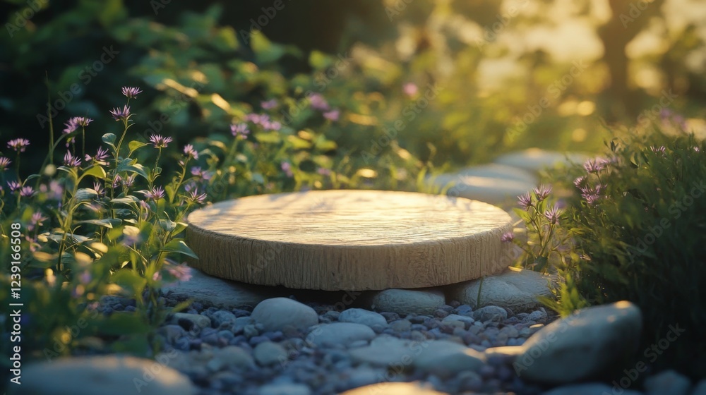 Poster a wooden podium rests on a pebble pathway adorned with vibrant spring flowers. soft sunlight filters