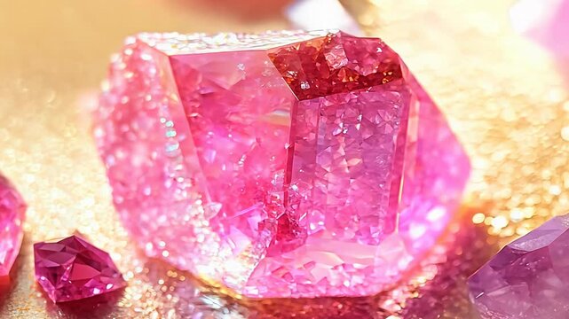 Close up view of vibrant pink tourmaline gemstones on a shimmering gold background. The crystals exhibit various shades of pink with glittering facets