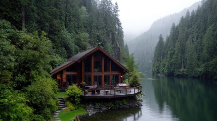 Fototapeta premium Lakeside cabin in misty forest, rainy day