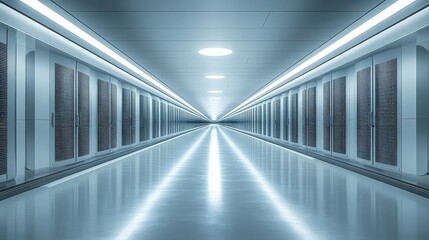 Fototapeta premium Futuristic corridor with illuminated ceiling and storage units, reflecting a high-tech environment