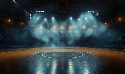 A cinematic photograph of an empty basketball court, surrounded by smoke and spotlights, taken from the perspective of someone standing on it.