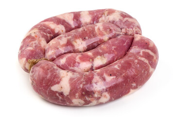 Raw Chopped Meat Sausages Isolated on White Background.