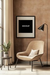 Elegant armchair in cozy living space featuring a modern lamp, plants, and framed artwork mockup on a textured wall. Ideal for interior design projects and decor.