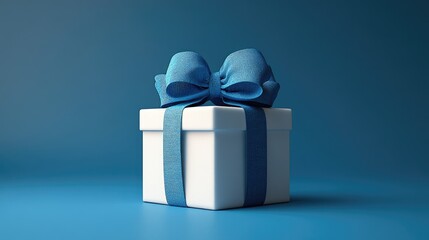 A white gift box with a blue ribbon and bow is slightly open against a solid blue background.