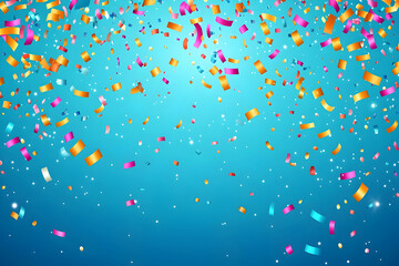 A festive scene of colorful confetti gently falling against a vibrant blue background, adding excitement to any celebration.