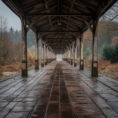 Obraz premium Abandoned train platform with wooden roof and columns in a forest on a rainy day