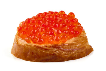 Red caviar on a crispy bread slice, isolated on white background.