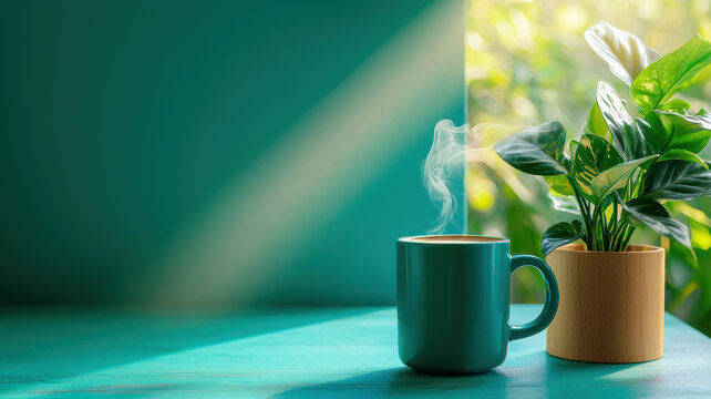 steaming turquoise mug sits beside potted plant on sunlit table