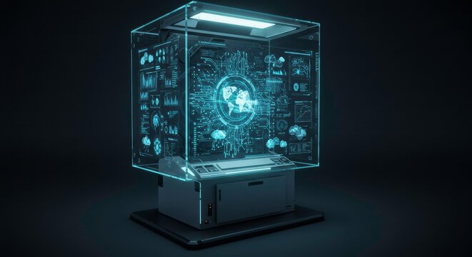 Futuristic Data Terminal: A sleek, futuristic data terminal showcases an array of advanced computing concepts and data visualizations, set against a dark backdrop