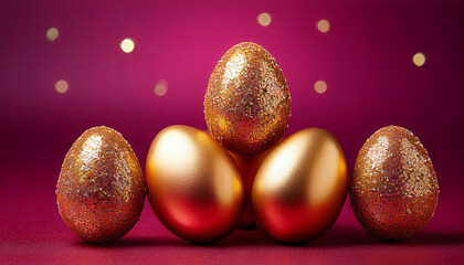 golden coloured and embellished with glints easter eggs on crimson background