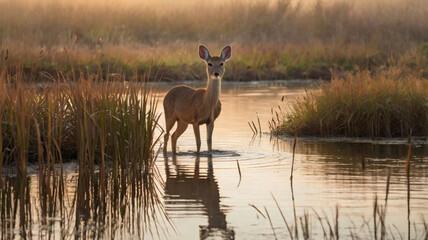  A delicate and unique Water Deer standing gracefully near the edge of a tranquil wetland at dawn ai