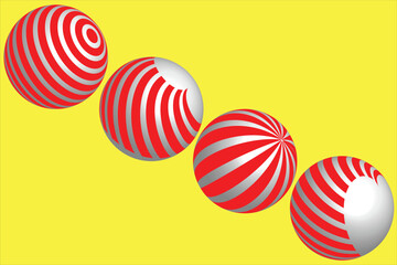 Different red and white ball-shaped line patterns on a yellow background. The line patterns on each ball vary, creating an interesting and dynamic visual effect.