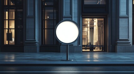 Blank circular signpost at night city street