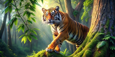 Powerful Tiger Climbing Tree: Majestic Wildlife Stock Photo