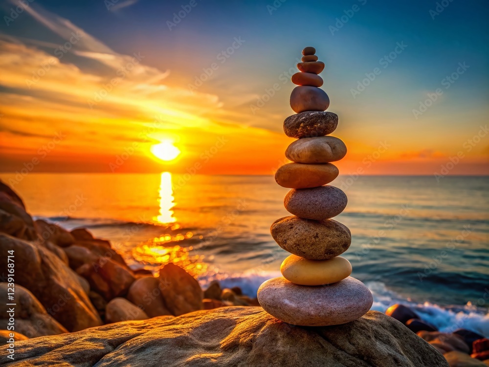 Wall mural Precarious Balance: Stacked Stones on Cliff Edge at Sunset