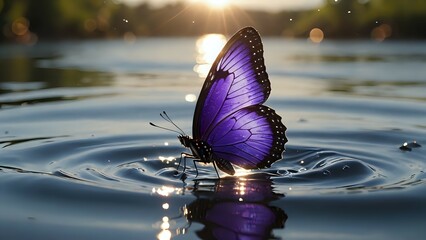 Fototapeta premium Majestic purple butterfly landing on calm water at sunset, creating ripples. Serene nature scene.