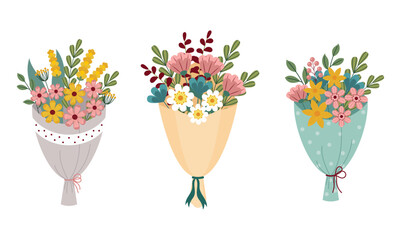Set of colorful bouquets of summer wild flowers. Design element for greeting card, frame, poster, invitation. Vector illustration