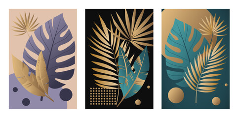 Posters, paintings with golden tropical leaves. Background for poster, notebook cover, wallpaper, background. Vector graphics. © Tetiana Kubara